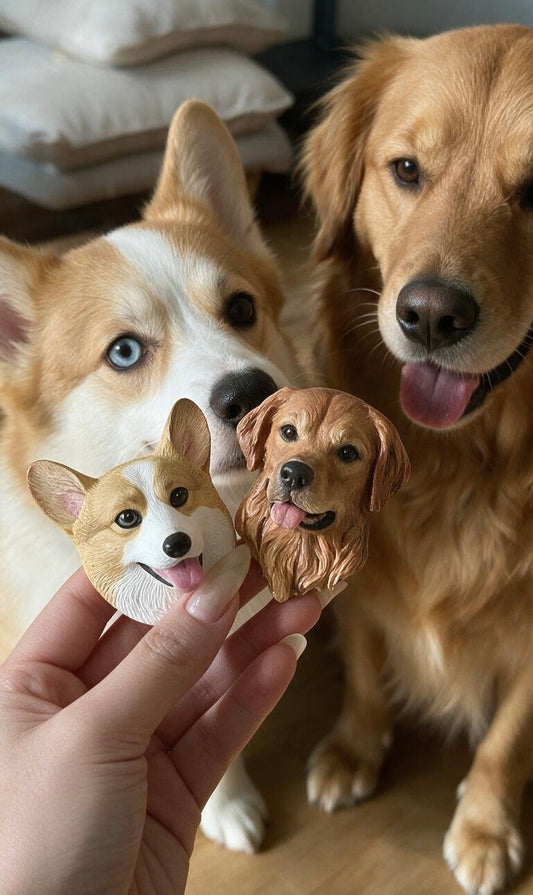 3D pet fridge magnets held up—four dog face designs with bright eyes and smiles.