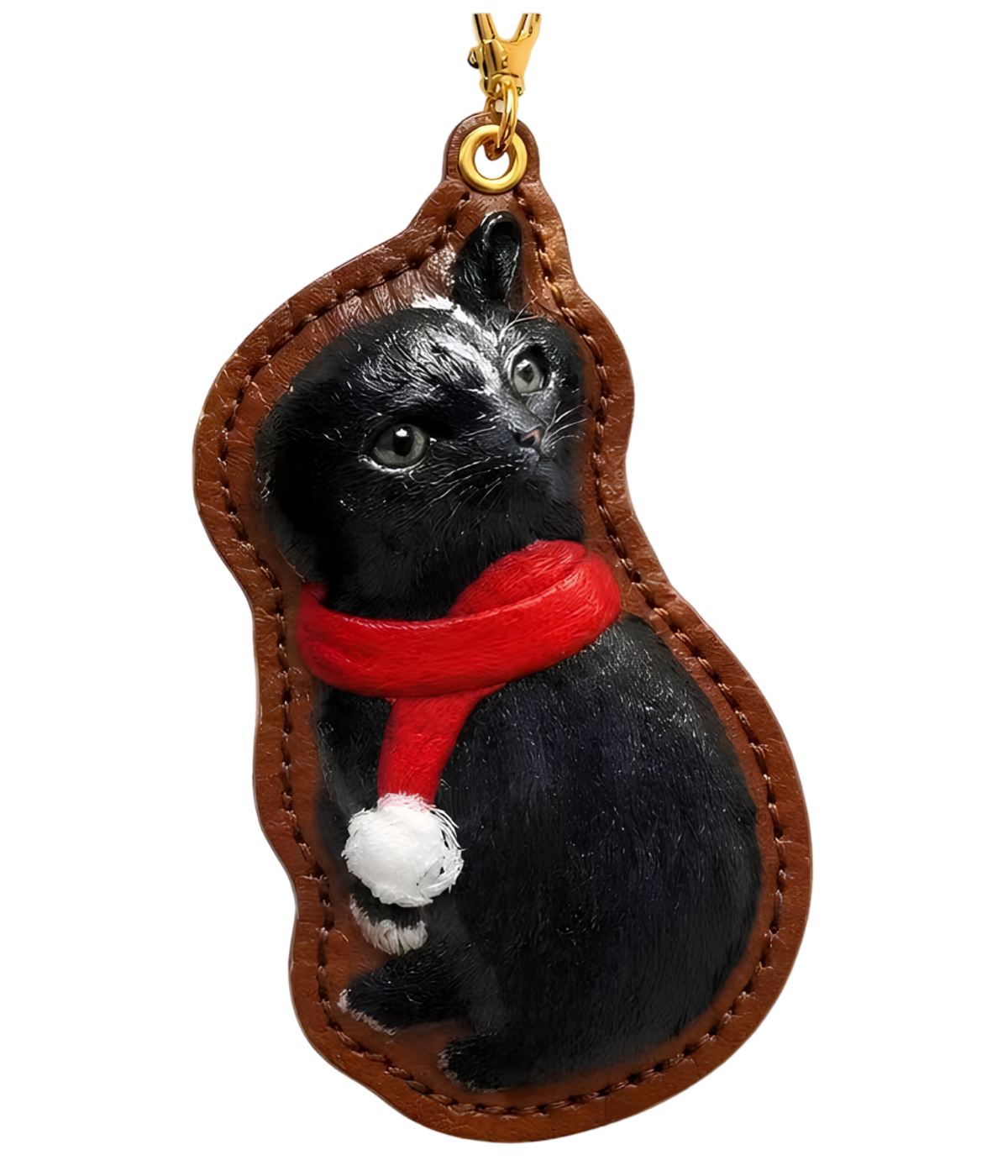 Custom pet figurine keychain with black cat figurine, red scarf, brown leather strap