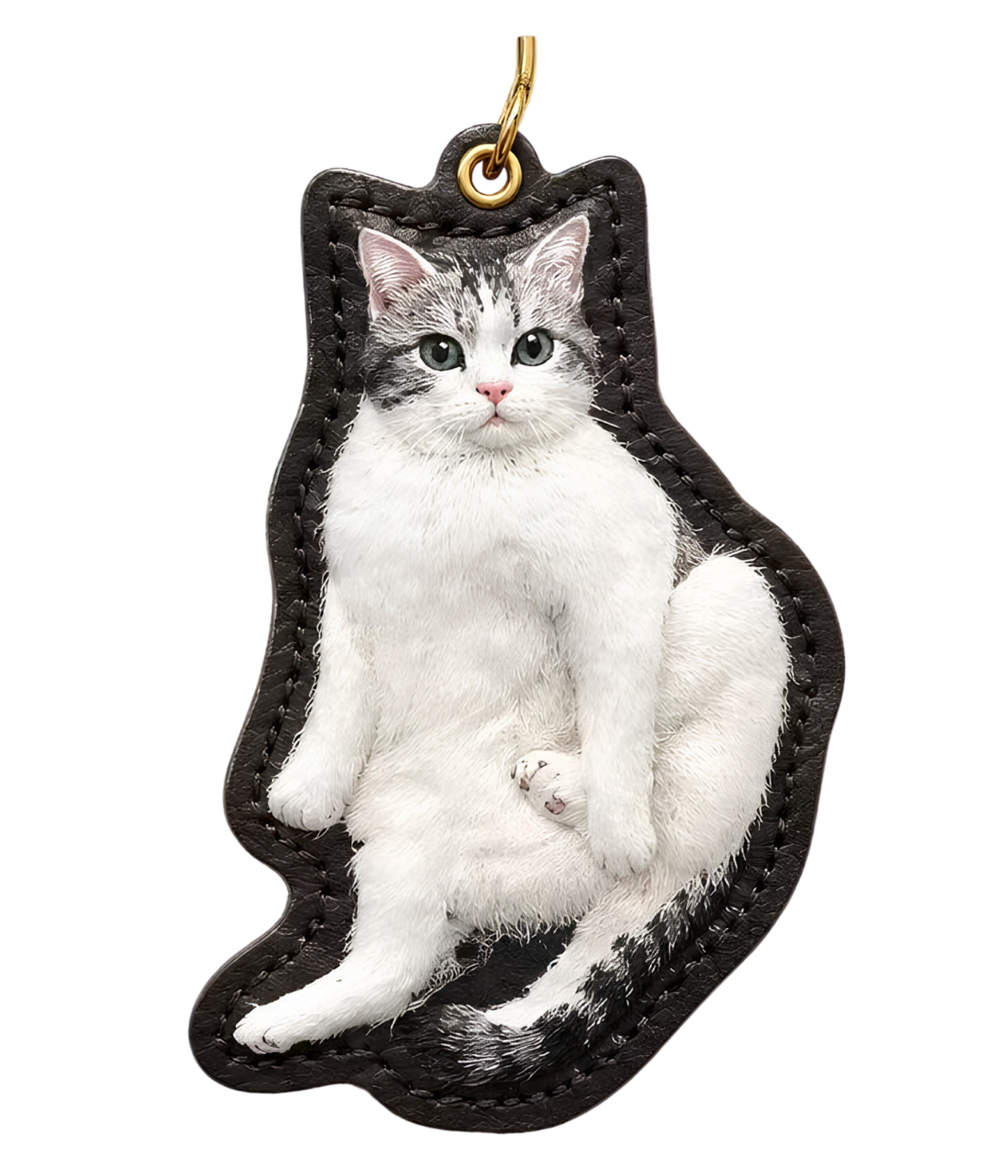 Custom pet figurine keychain with black-and-white cat figurine, black leather strap and ring
