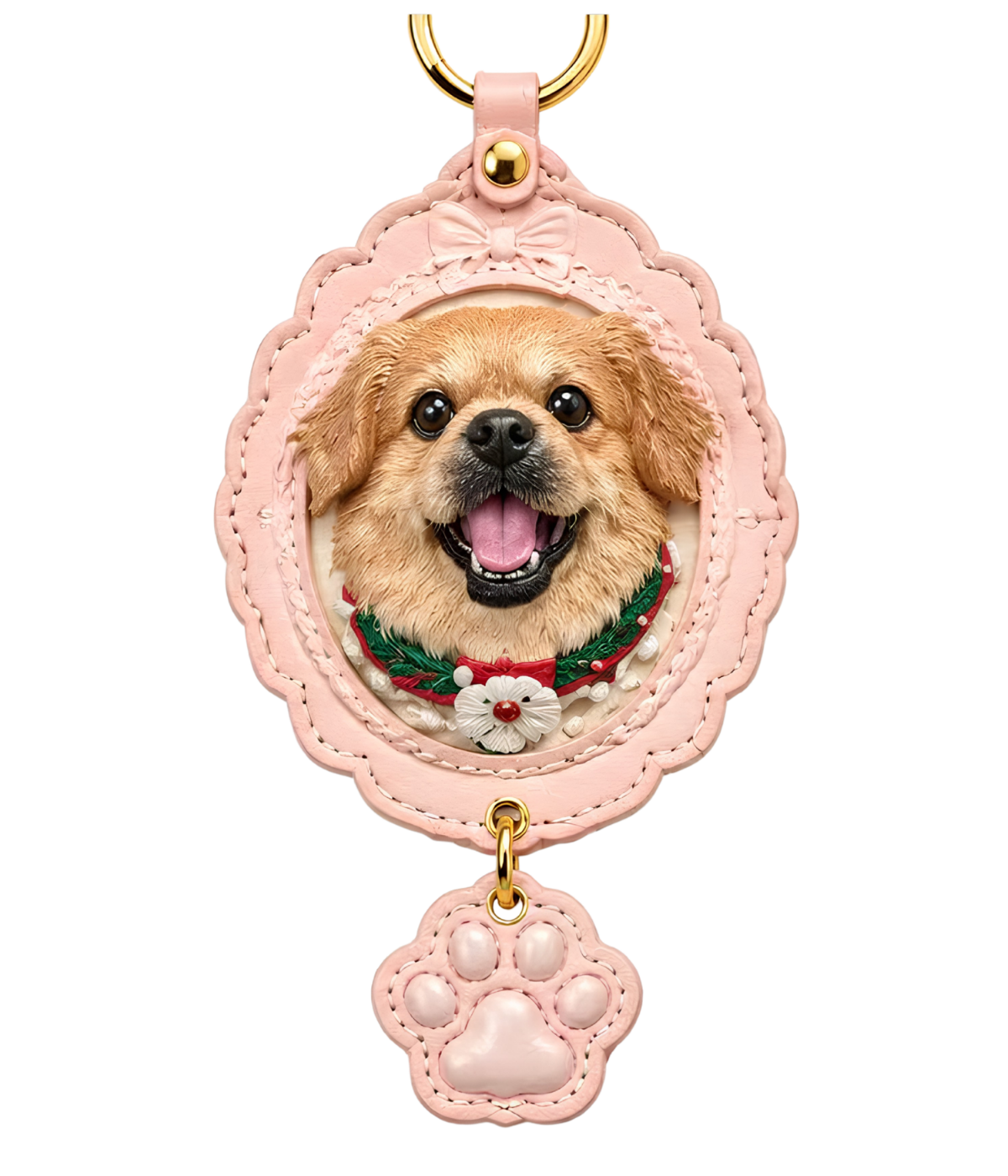 Pet relief ornament with smiling dog, pink oval backing, dangling paw charm and loop