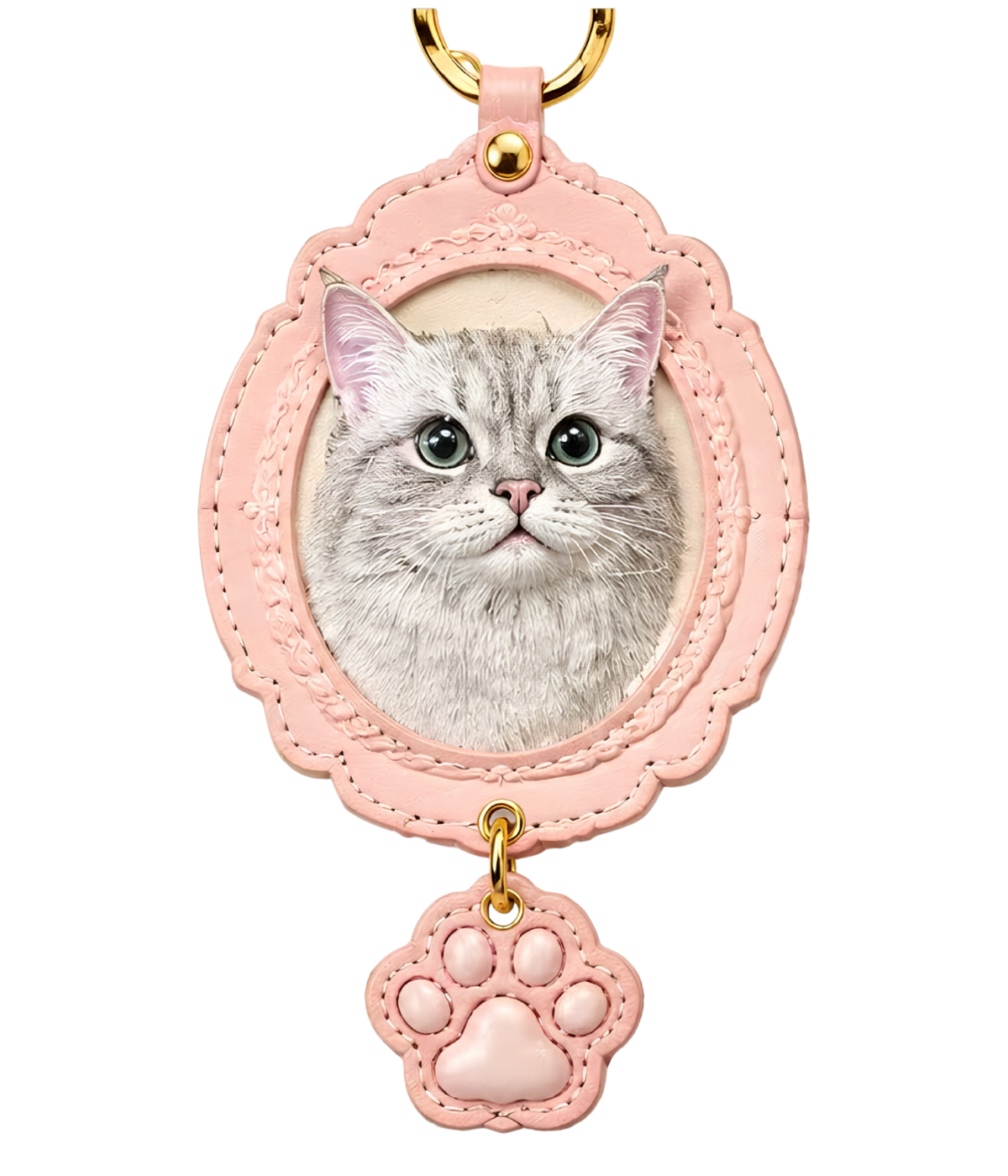 Pet relief ornament with gray cat face, pink oval backing, dangling paw charm and loop