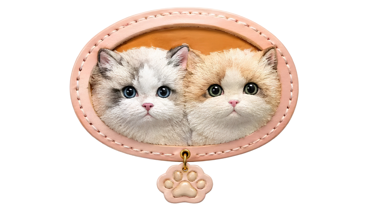 Custom pet figurine keychain with cat face charm, pink oval leather strap
