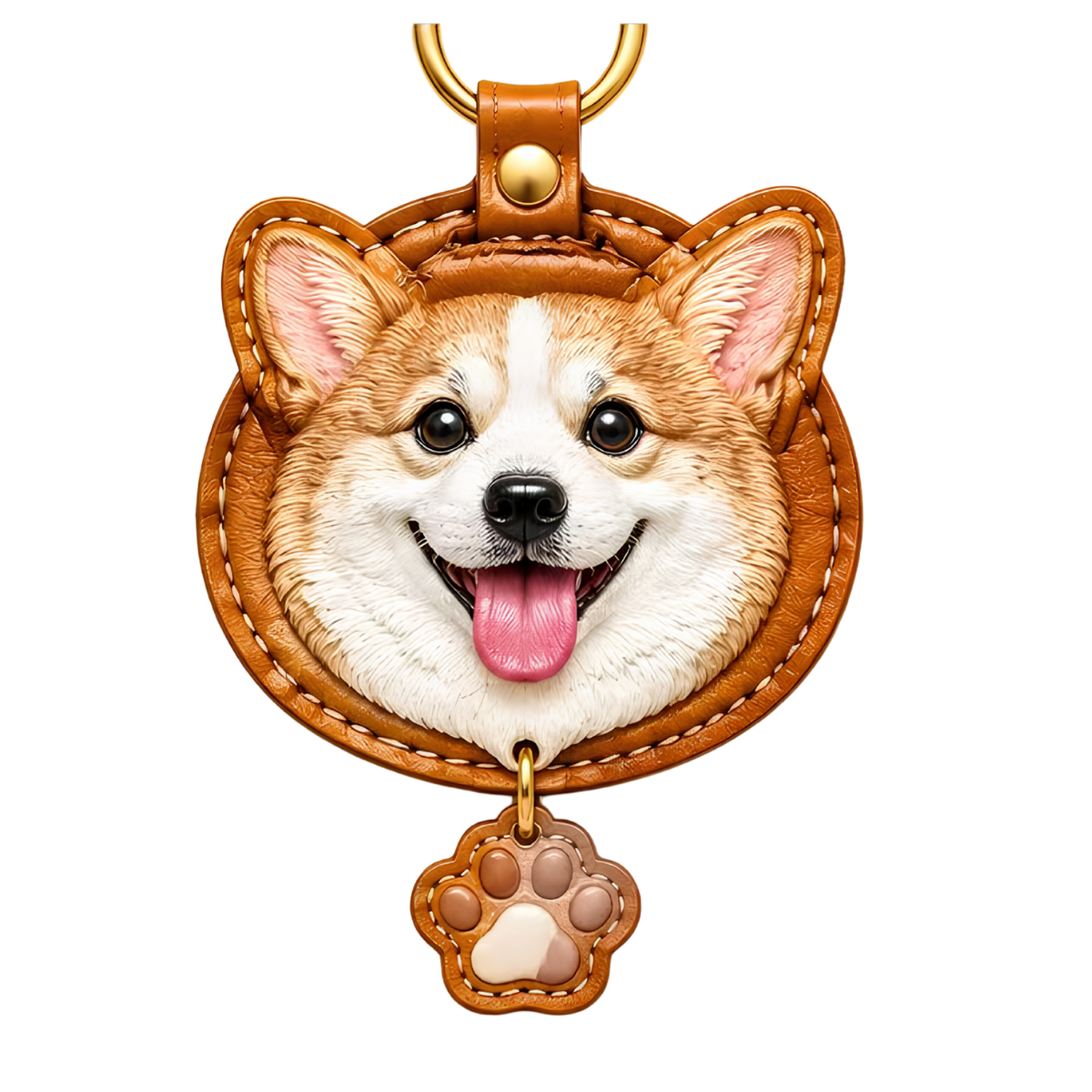 Custom pet figurine keychain with tan dog face, brown oval strap and paw charm