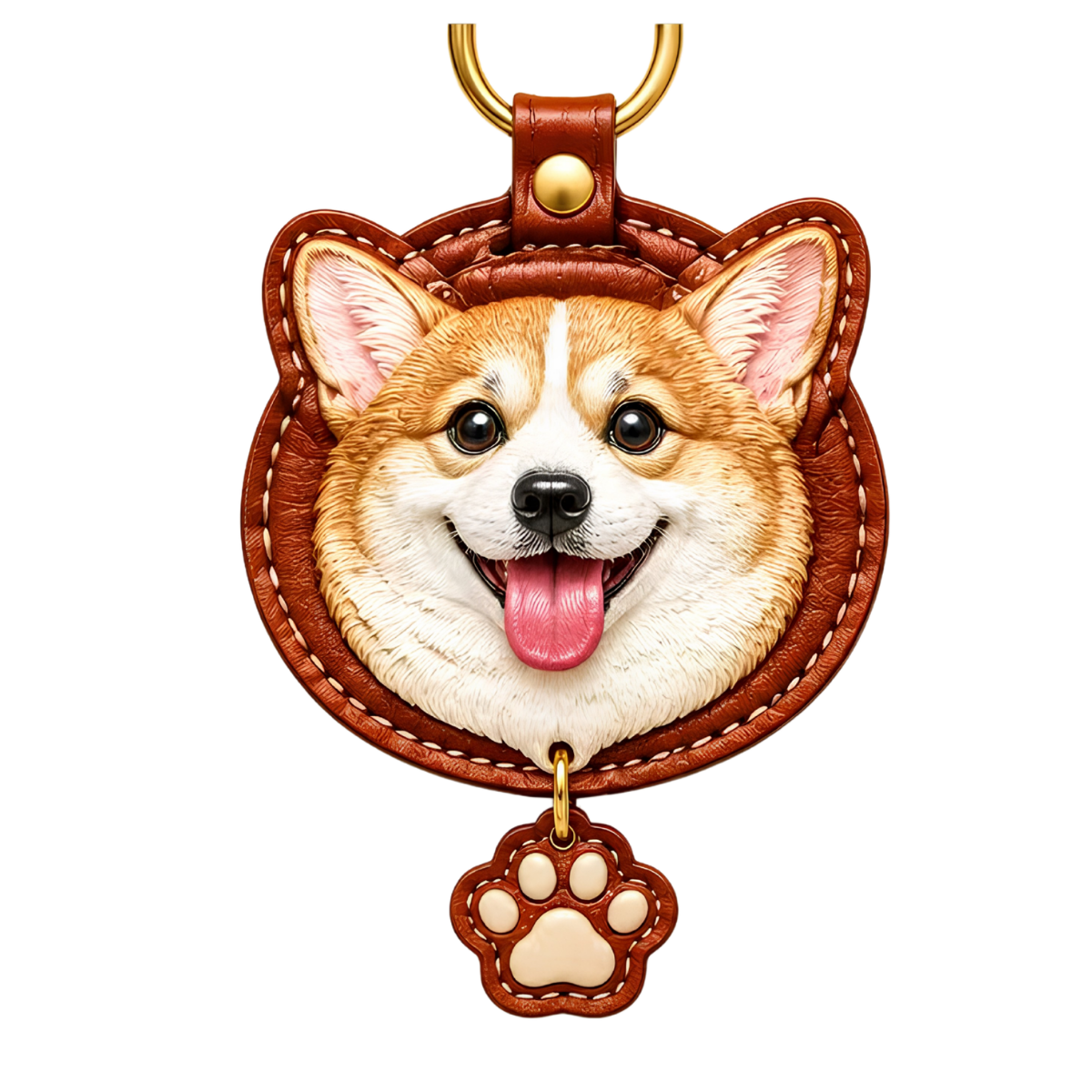 Pet relief ornament with happy corgi face, brown oval backing, dangling paw charm and loop