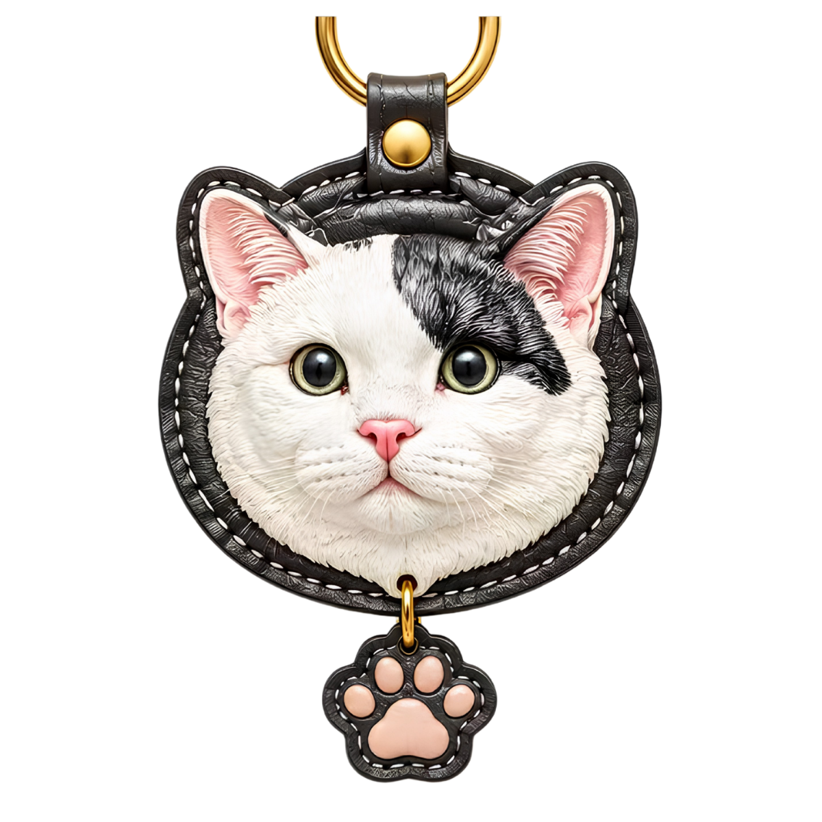 Custom pet figurine keychain with black-and-white cat face, hanging paw charm and ring