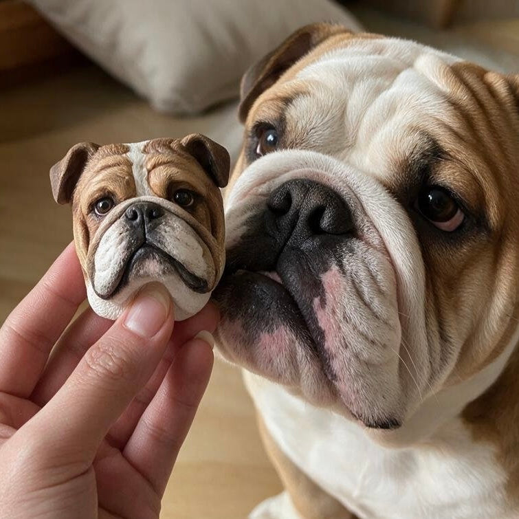 3D pet fridge magnet held close—bulldog face design with detailed wrinkles and eyes.