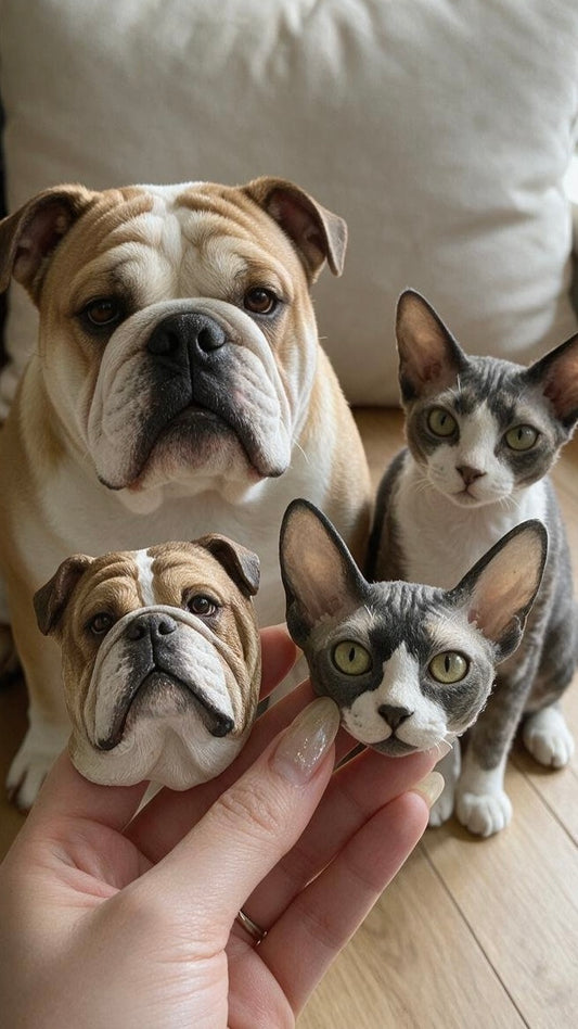 3D pet fridge magnet set in hand—dog and cat face designs, lifelike 3D details.