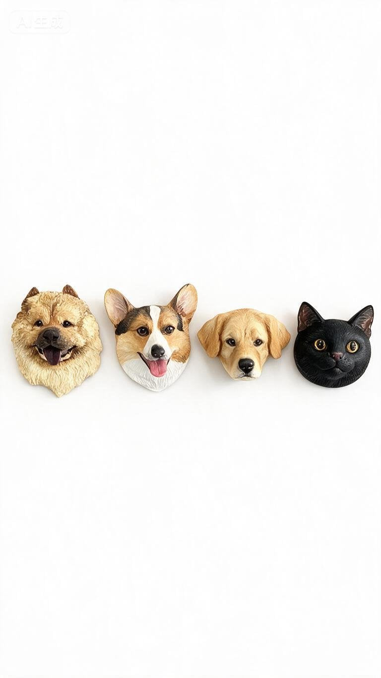 3D pet fridge magnets on a white surface—five dog/cat face designs in a row.