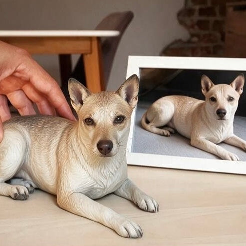 Custom 3D pet figurine of a light tan dog lying down