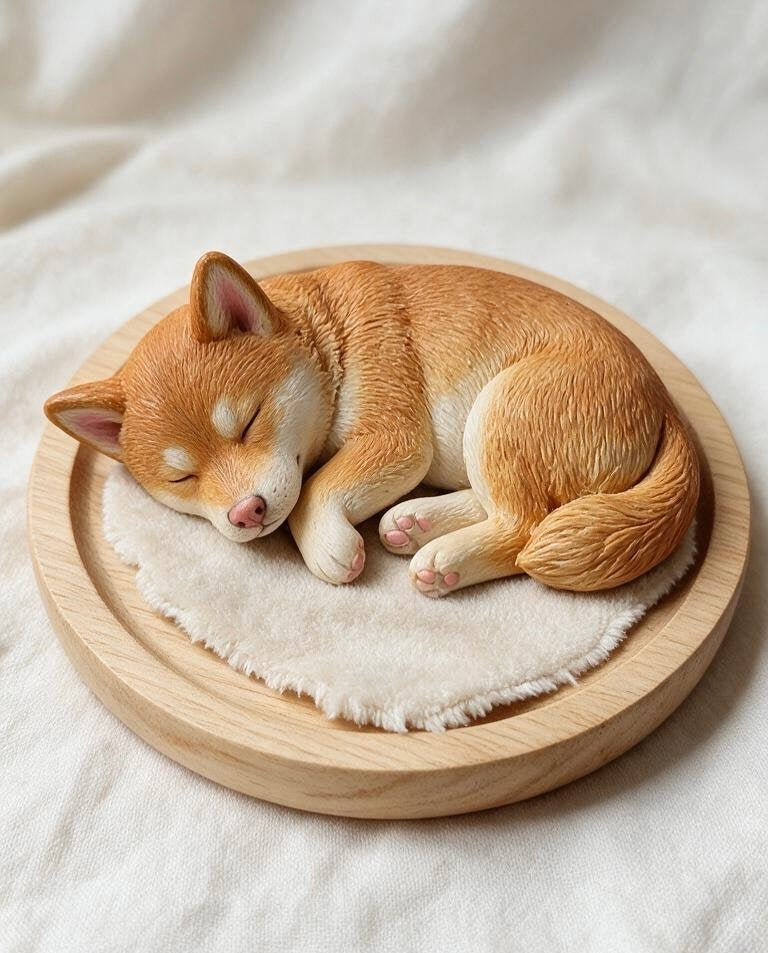 Custom 3D pet figurine of an orange-and-white cat sleeping on a round wooden base
