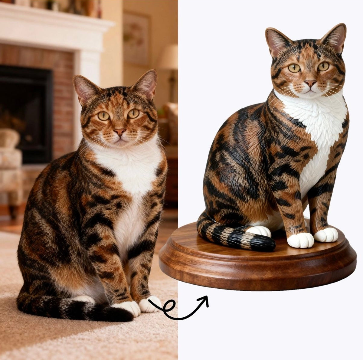 Custom 3D pet figurine of a tabby cat on a round wooden pedestal
