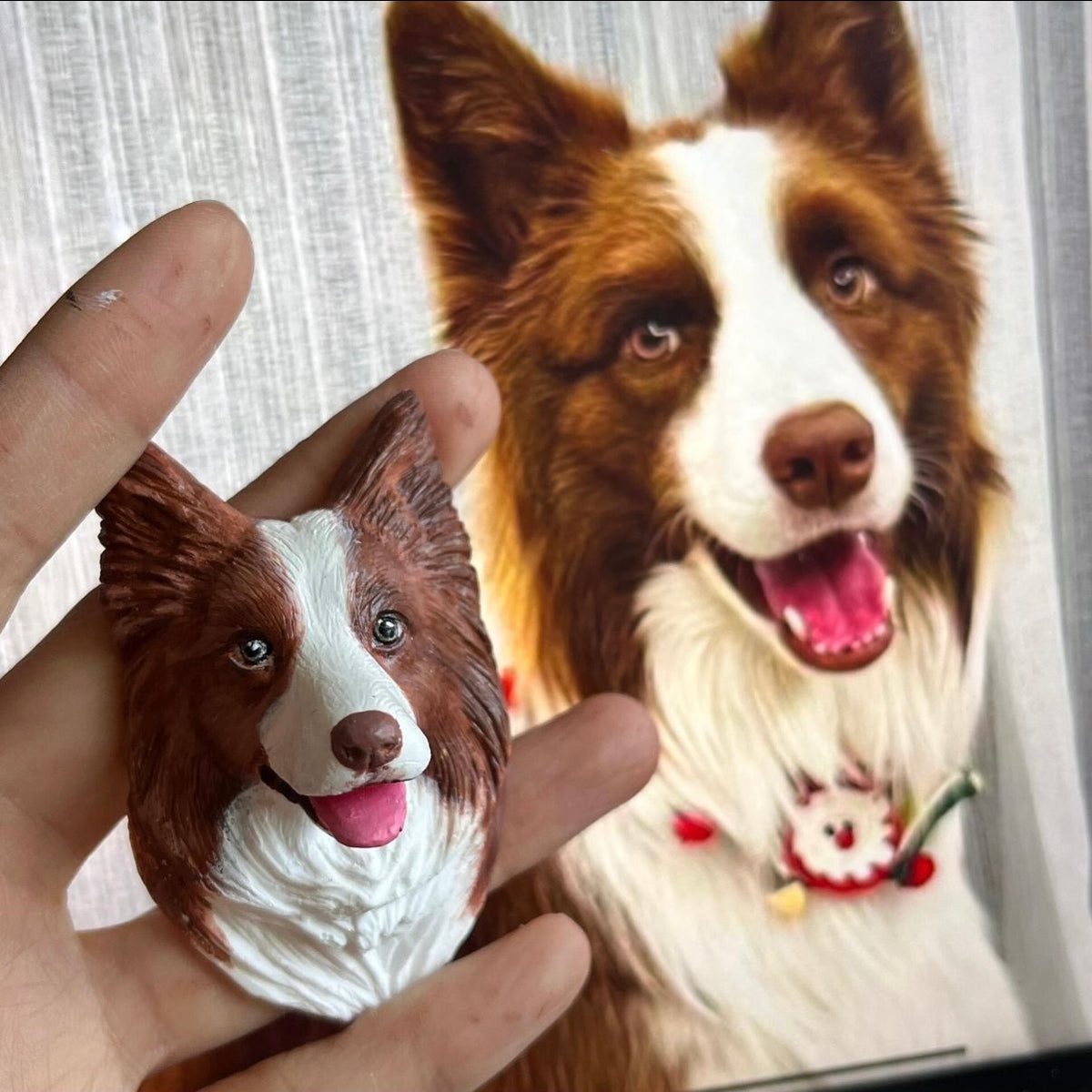 3D pet fridge magnets held near pets—two dog face magnets in the foreground.