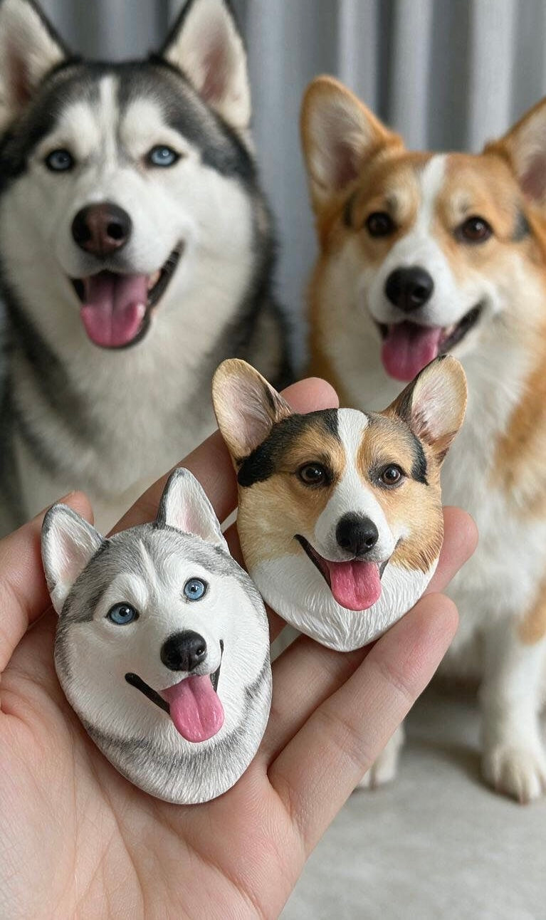 3D pet fridge magnets—hand-held dog and cat faces with open mouths and raised ears.